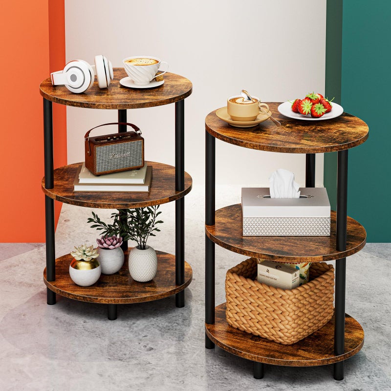 RISWER Small Round Side Table - 3-Tier Oval Accent Table for Small Spaces, Rustic Wood and Metal Couch End Table, Nightstand for Bedroom or End Table Living Room, Set of 2, Rustic Brown - Image 1