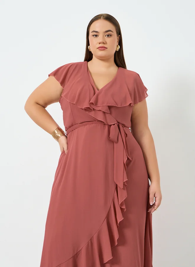 Styli Plus Size Rust Ruffled Detail Maxi Dress