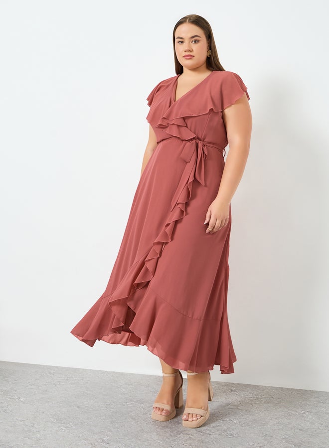 Styli Plus Size Rust Ruffled Detail Maxi Dress - Image 3