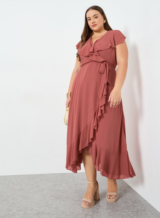 Styli Plus Size Rust Ruffled Detail Maxi Dress - Image 1