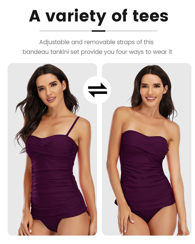 Shuangyu Bandeau Tankini Swimsuits for Women Ruched Tummy Control Top Swimwear with Mid Waist Briefs Purple M - Image 4