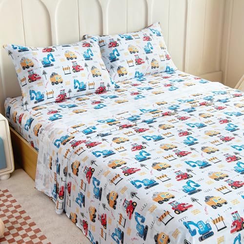 Homilay Queen Sheet Set Kids - Cars 4 Pieces Soft Microfiber Cartoon Style Bedsheets for Boys Girls Teens, Oeko TEX Breathable 15 Inch Deep Pocket Sheets(Engineering Cars) - Image 1