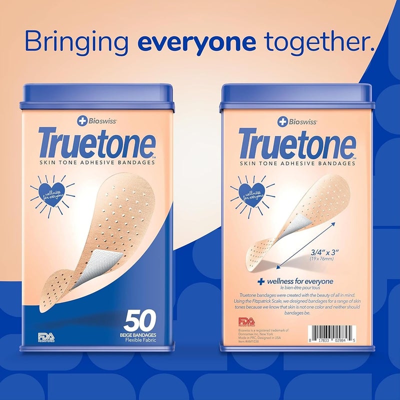 BioSwiss Truetone Beige Skin Tone Bandages Beige Skin Care Covers for True Color Matches First Aid Latex Free Bandage Tin Standard Shape for Kids and Adults 50 Pack - Image 3