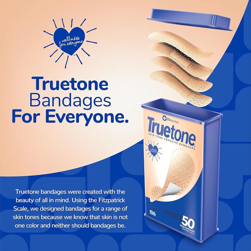 BioSwiss Truetone Beige Skin Tone Bandages Beige Skin Care Covers for True Color Matches First Aid Latex Free Bandage Tin Standard Shape for Kids and Adults 50 Pack - Image 5