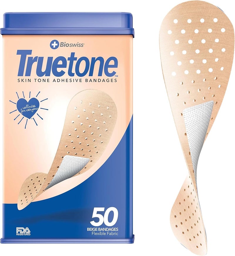 BioSwiss Truetone Beige Skin Tone Bandages Beige Skin Care Covers for True Color Matches First Aid Latex Free Bandage Tin Standard Shape for Kids and Adults 50 Pack - Image 1