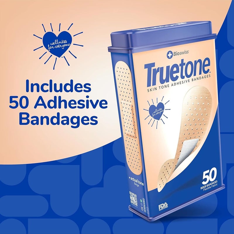 BioSwiss Truetone Beige Skin Tone Bandages Beige Skin Care Covers for True Color Matches First Aid Latex Free Bandage Tin Standard Shape for Kids and Adults 50 Pack - Image 2