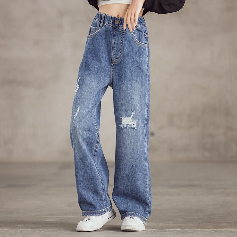 Girls' Jeans 2024 Spring Middle And Large Children'S Ripped Wide Leg Pants Loose Hong Kong Style High Waist Straight Pants Children'S Pants - Image 4