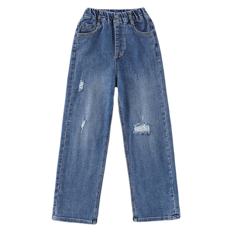 Girls' Jeans 2024 Spring Middle And Large Children'S Ripped Wide Leg Pants Loose Hong Kong Style High Waist Straight Pants Children'S Pants - Image 5
