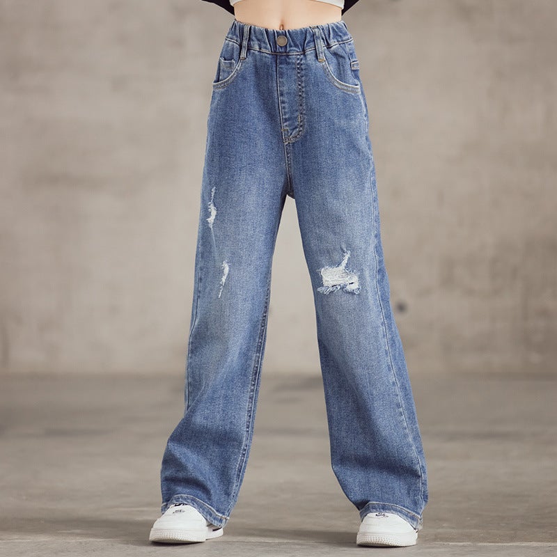 Girls' Jeans 2024 Spring Middle And Large Children'S Ripped Wide Leg Pants Loose Hong Kong Style High Waist Straight Pants Children'S Pants - Image 3