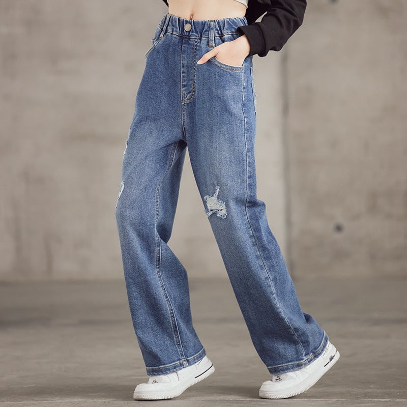 Girls' Jeans 2024 Spring Middle And Large Children'S Ripped Wide Leg Pants Loose Hong Kong Style High Waist Straight Pants Children'S Pants - Image 1