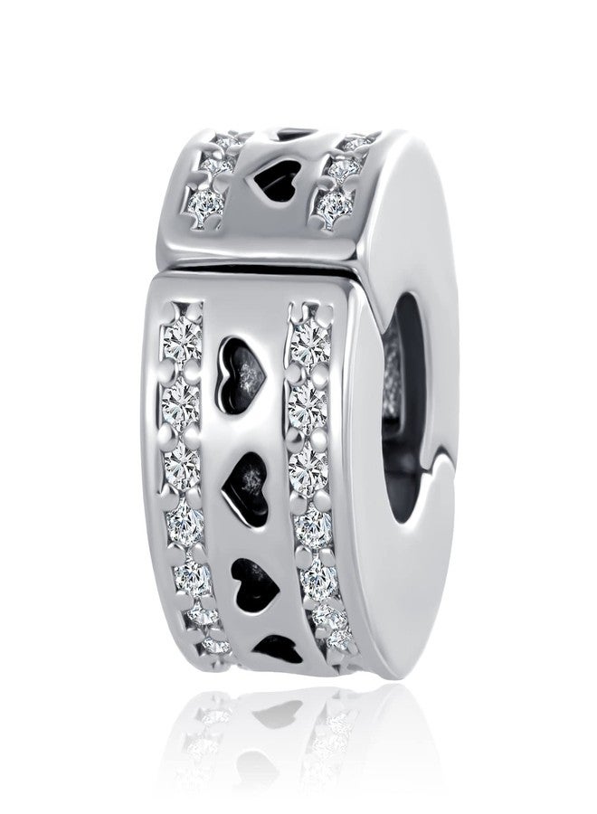 QeenseKc Double Lined Pave CZ Fixed Clips Spacer Charm for Pandora Bracelet Heart Stopper Bead - Image 1
