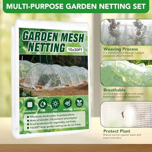 Hoyejyou Garden Netting Kit for Raised Beds, 10x30FT Ultra Fine Mesh Netting ＆6 Sets Fiberglass Garden Hoops, Insect Netting for Garden Plant Row Cover Vegetable Flowers Protection Barrier - Image 2