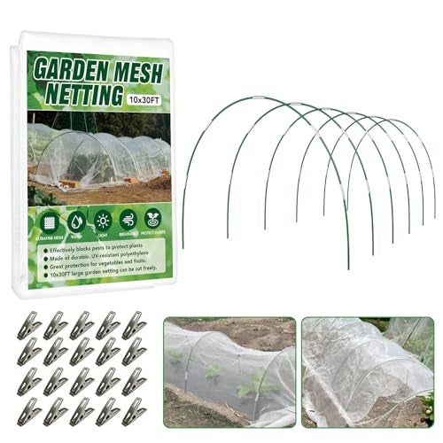 Hoyejyou Garden Netting Kit for Raised Beds, 10x30FT Ultra Fine Mesh Netting ＆6 Sets Fiberglass Garden Hoops, Insect Netting for Garden Plant Row Cover Vegetable Flowers Protection Barrier - Image 1