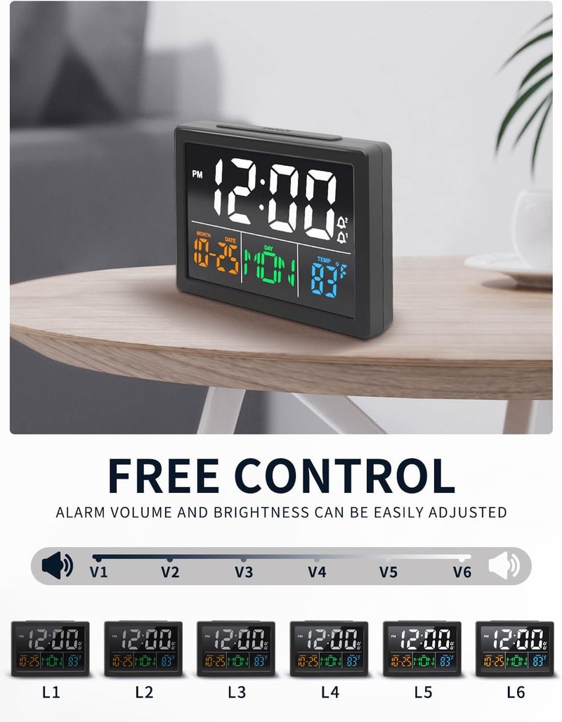 Jall Digital Alarm Clock, with 5.5" Large LED Time Display, Adjustable Alarm Volume, 6 Level Brightness, Alarm Settings, USB Charger, Temperature Detect, Snooze, Clocks for Bedroom, Bedside, Desk, Black - Image 4