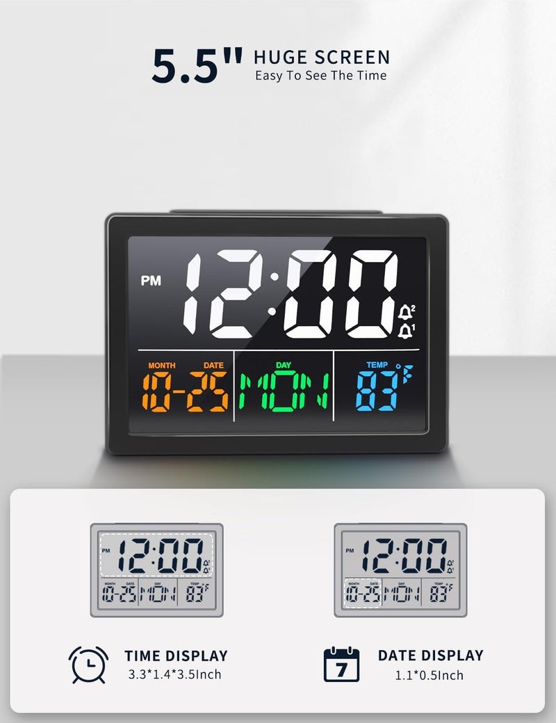 Jall Digital Alarm Clock, with 5.5" Large LED Time Display, Adjustable Alarm Volume, 6 Level Brightness, Alarm Settings, USB Charger, Temperature Detect, Snooze, Clocks for Bedroom, Bedside, Desk, Black - Image 2