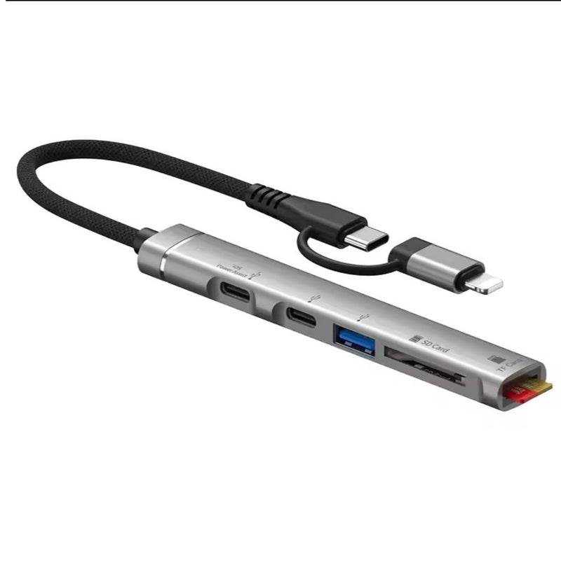 5-in-1 Digital Memory Card Reader Adapter Cable with 2 Lightning or Type-C Ports to USB Female (2 Type-C) - Charging, Headphone, Memory Card, and TF Card Support - Compatible with iPhone, Apple iPad, Micro SD, and TF Cards - OTG Lightning Cable - Compatible with iOS (iPhone 14/13/12/11/X/8/iPad) - USB and PC/Laptop (Samsung, Huawei, Xiaomi, Oppo, and all Android devices) - Docking Station Cable