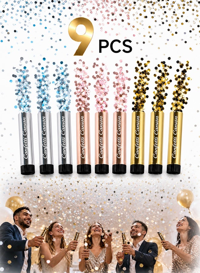 GD 9 Pcs Handheld Confetti Poppers Metallic Round Confetti Cannon - Reusable Happy Time Party Shooter Paper Crackers for Birthday Parties, Weddings, Anniversaries, Graduation, New Year and Various Holiday Celebrations (3 Colors) - Image 1