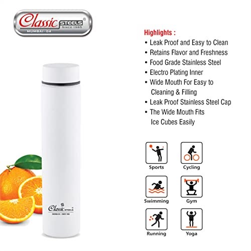 Classic Steels Super Slim Single Wall Stainless Steel Water Bottle 500 ml - Leak-Proof, Lightweight Ideal for Office, Gym, School, Travel, Kitchen, Sports, White - Image 4