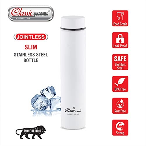 Classic Steels Super Slim Single Wall Stainless Steel Water Bottle 500 ml - Leak-Proof, Lightweight Ideal for Office, Gym, School, Travel, Kitchen, Sports, White - Image 3