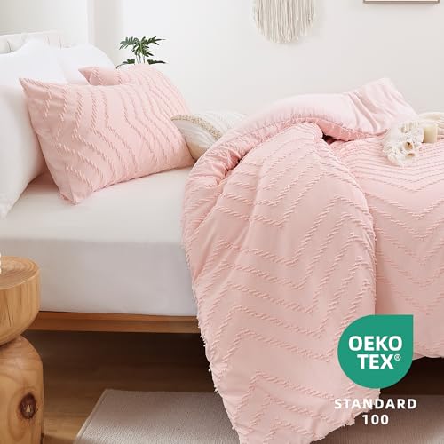 YIRDDEO Pink Comforter King Size 3Pcs, Boho Vertical Tufted Comforter Set King Pink Farmhouse Bedding Sets King, Lightweight Neutral Blush Boho Bed Set (1 Comforter, 2 Pillowcases) - Image 2