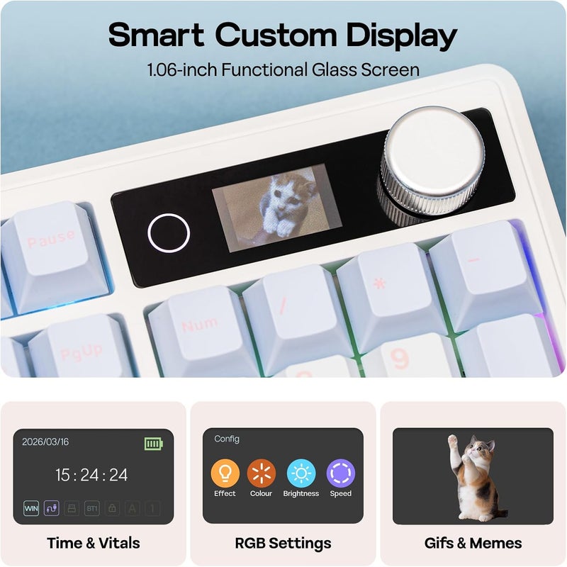 EPOMAKER TH108 V2 PRO Full Size Mechanical Keyboard with Screen&Knob, 10000mAh, BT/2.4Ghz, Mac Modifier PBT Keycap, Hot Swap, RGB, Gasket, Wireless Gaming Keyboard for Mac/PC (Blue, Creamy Jade) - Image 3