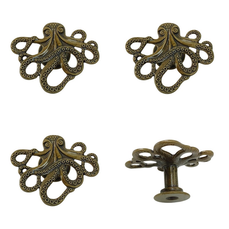 LLDYNW 4 pcs Octopus Drawer Knobs Creative Shape Drawer Knobs Single Hole Pulls Handles for Cupboard Dresser Wardrobe Handles (Bronze) - Image 1