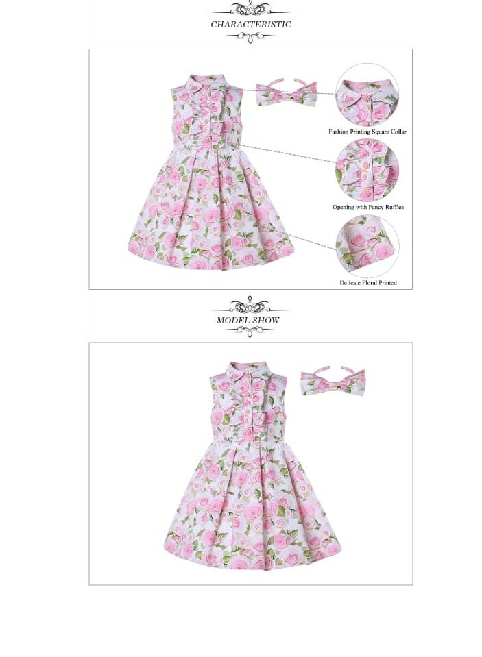dress set for girls, sleeveless princesses, with elegant hairband, pink flower print, and ruffles at the chest  - Image 5