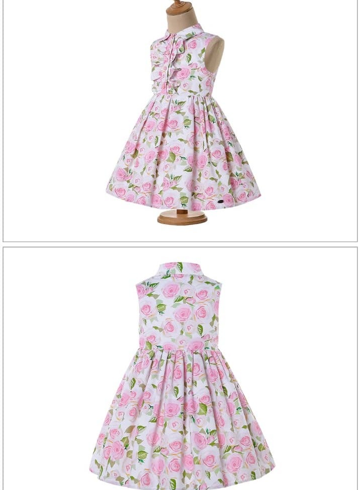 dress set for girls, sleeveless princesses, with elegant hairband, pink flower print, and ruffles at the chest  - Image 4