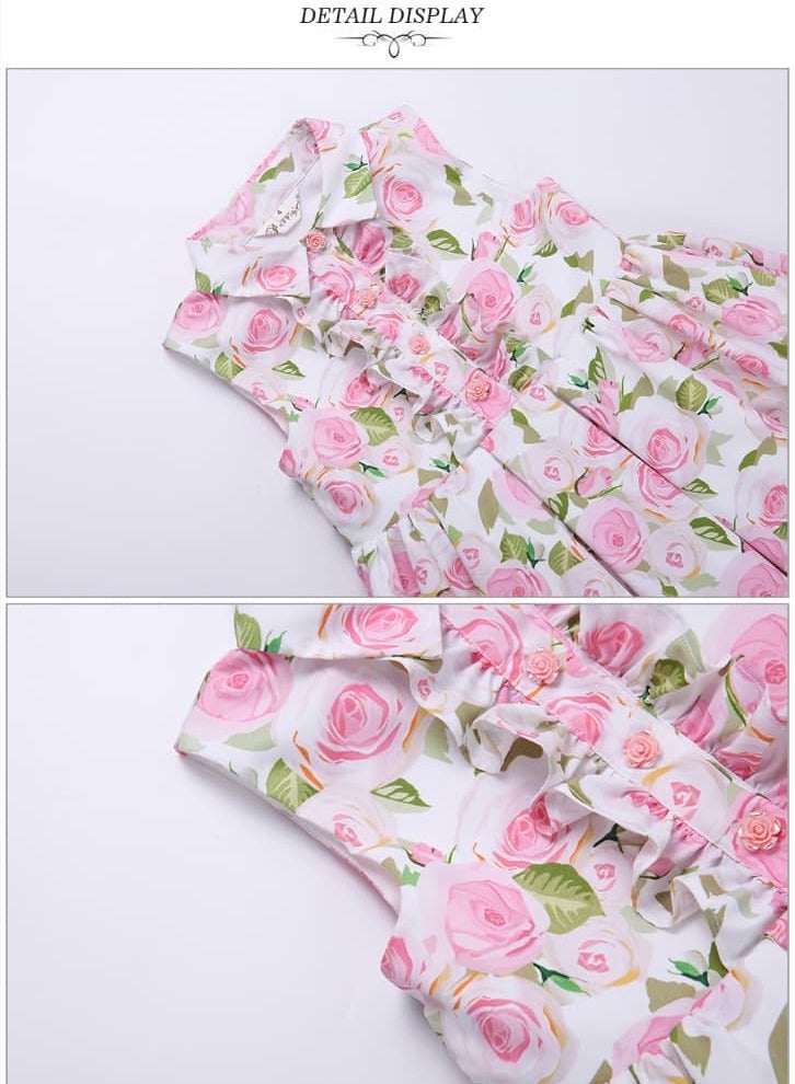 dress set for girls, sleeveless princesses, with elegant hairband, pink flower print, and ruffles at the chest  - Image 2