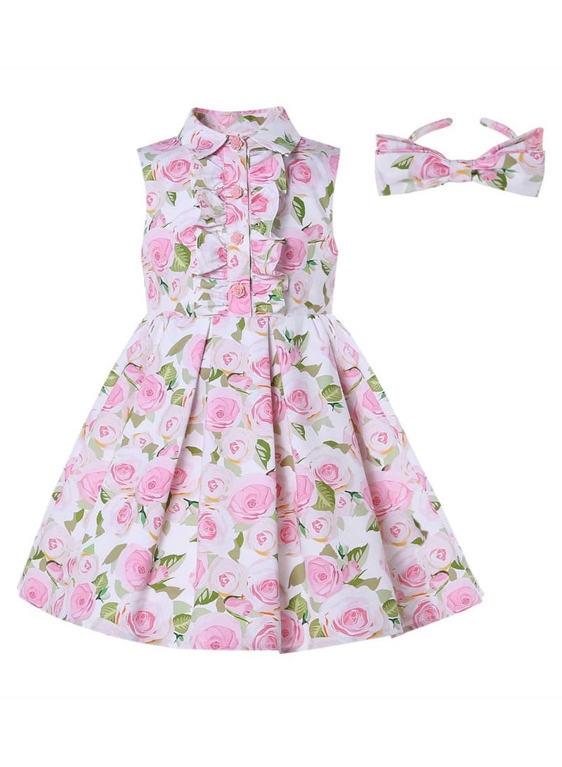 dress set for girls, sleeveless princesses, with elegant hairband, pink flower print, and ruffles at the chest  - Image 1
