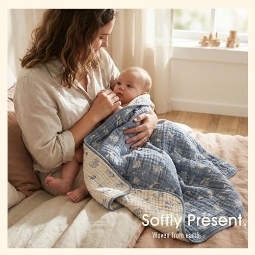 HardNok 6-Layer Muslin Baby Blanket - Made with Organic Cotton, Earthy Botanicals Jacquard Swaddle & Crib Quilt, 43" x 43" (Navy Blue Floral) - Image 5