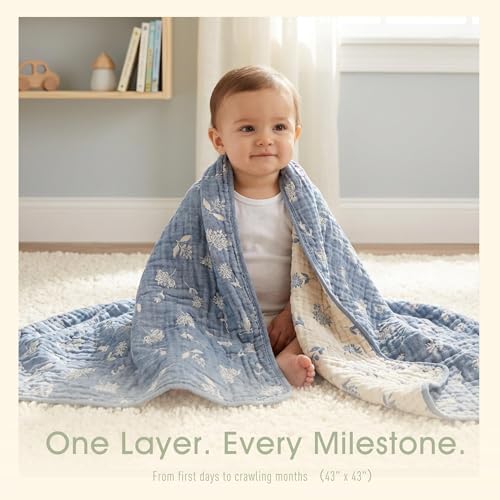 HardNok 6-Layer Muslin Baby Blanket - Made with Organic Cotton, Earthy Botanicals Jacquard Swaddle & Crib Quilt, 43" x 43" (Navy Blue Floral) - Image 2