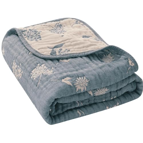 HardNok 6-Layer Muslin Baby Blanket - Made with Organic Cotton, Earthy Botanicals Jacquard Swaddle & Crib Quilt, 43" x 43" (Navy Blue Floral) - Image 1