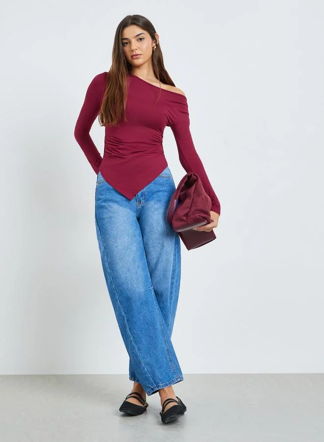 Styli Burgundy Asymmetric Shoulder Long Sleeve Top