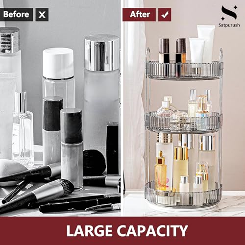Satpurush 360° Rotating Makeup Organizer Box - Cosmetic Storage with Drawers, Plastic Makeup Holder Stand for Dressing Table, Lipsticks, Nail Polishes & Accessories (3 Layer, Light Grey). - Image 5