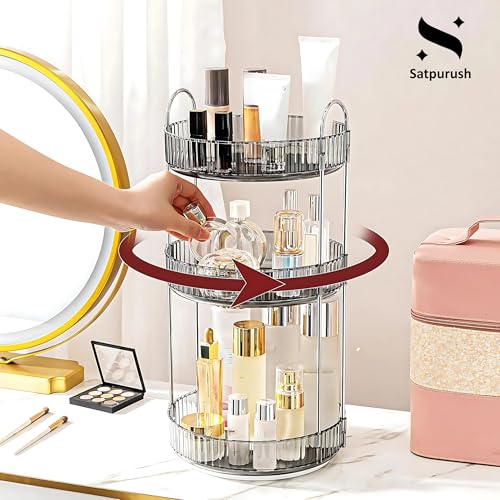 Satpurush 360° Rotating Makeup Organizer Box - Cosmetic Storage with Drawers, Plastic Makeup Holder Stand for Dressing Table, Lipsticks, Nail Polishes & Accessories (3 Layer, Light Grey). - Image 2