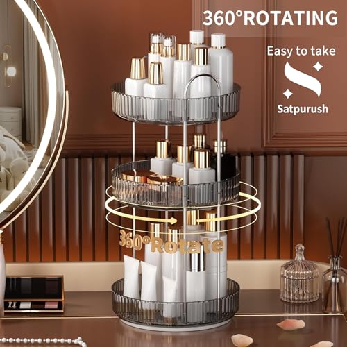 Satpurush 360° Rotating Makeup Organizer Box - Cosmetic Storage with Drawers, Plastic Makeup Holder Stand for Dressing Table, Lipsticks, Nail Polishes & Accessories (3 Layer, Light Grey). - Image 3