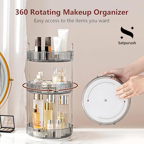 Satpurush 360° Rotating Makeup Organizer Box - Cosmetic Storage with Drawers, Plastic Makeup Holder Stand for Dressing Table, Lipsticks, Nail Polishes & Accessories (3 Layer, Light Grey). - Image 4
