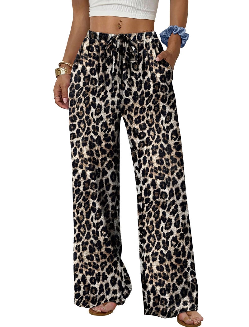 Sampeel Women's Leopard Print Wide Leg Pants Long Cute Summer Outfits Vacation Beach Pants Palazzo High Waist Trousers Date Outfits Business Casual Luxury Fashion Clothing XL - Image 1