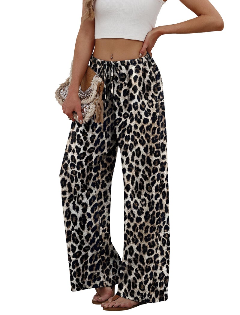 Sampeel Women's Leopard Print Wide Leg Pants Long Cute Summer Outfits Vacation Beach Pants Palazzo High Waist Trousers Date Outfits Business Casual Luxury Fashion Clothing XL - Image 4
