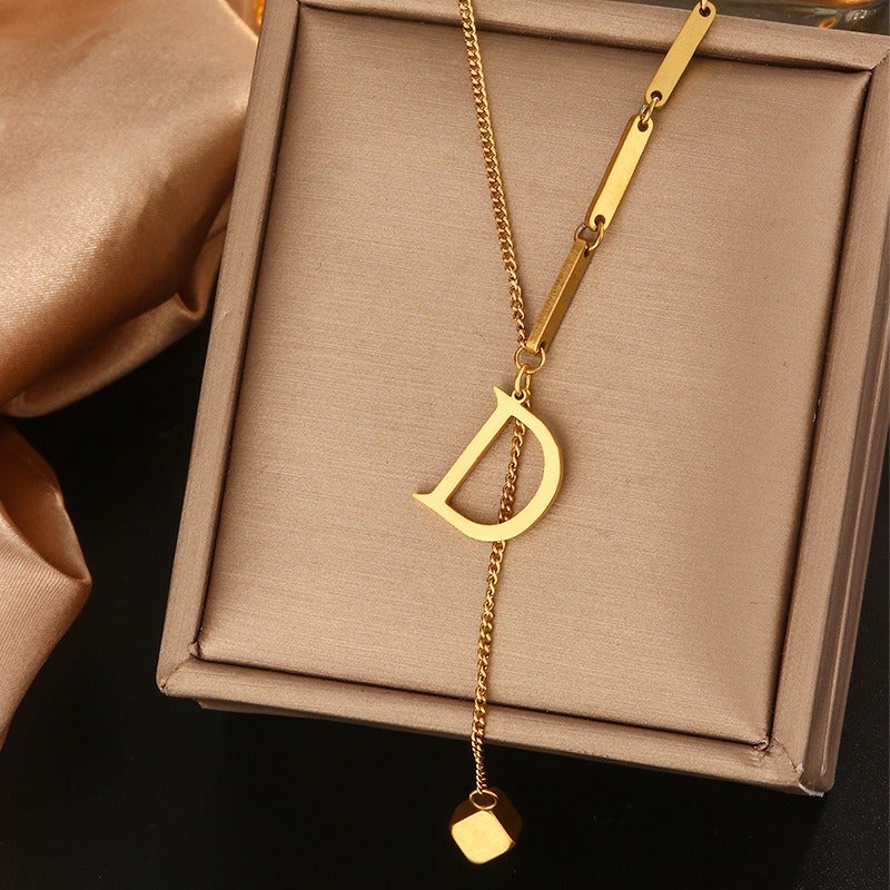 Vital Titanium Steel Tassel Collarbone Necklace for Women, 26 Letter Initial Pendant, Fade-Resistant Minimalist Jewelry