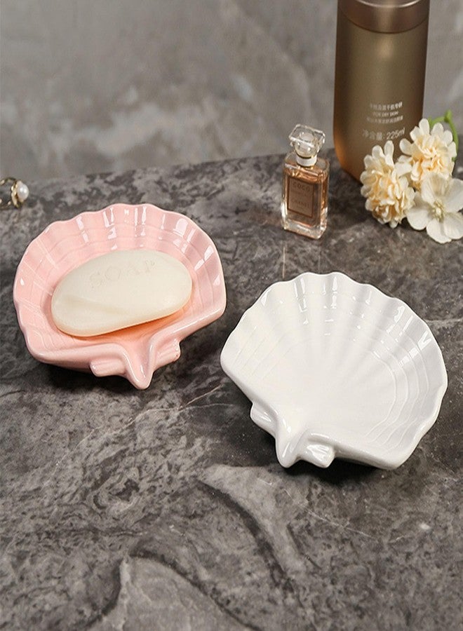 VBANU Ceramic Soap Holder, Shell-shaped Soap Tray with Self Draining, Bathroom Soap Saver, Small Cute and Elegant Plate for Home Decoration, Easy Cleaning, (White) - Image 2