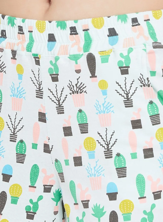 كلوفيا طقم شورت وقميص بأزرار Clovia Cool Cactus سماوي - قطن 100%