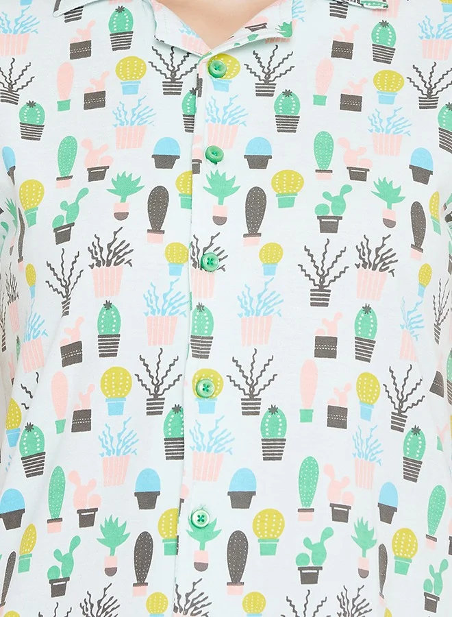 كلوفيا طقم شورت وقميص بأزرار Clovia Cool Cactus سماوي - قطن 100%