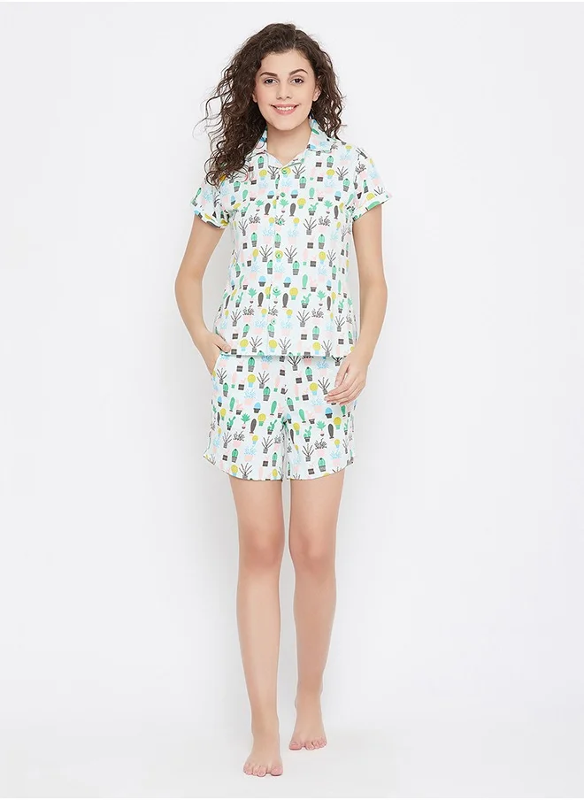 كلوفيا Clovia Cool Cactus Button Down Shirt & Shorts Set in Sky Blue - 100% Cotton