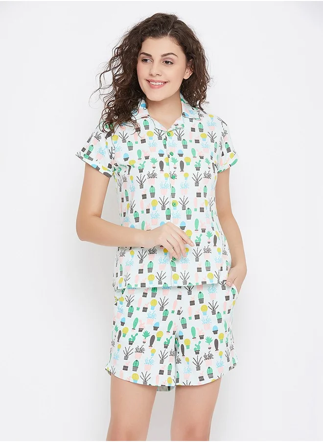 Clovia Clovia Cool Cactus Button Down Shirt & Shorts Set in Sky Blue - 100% Cotton