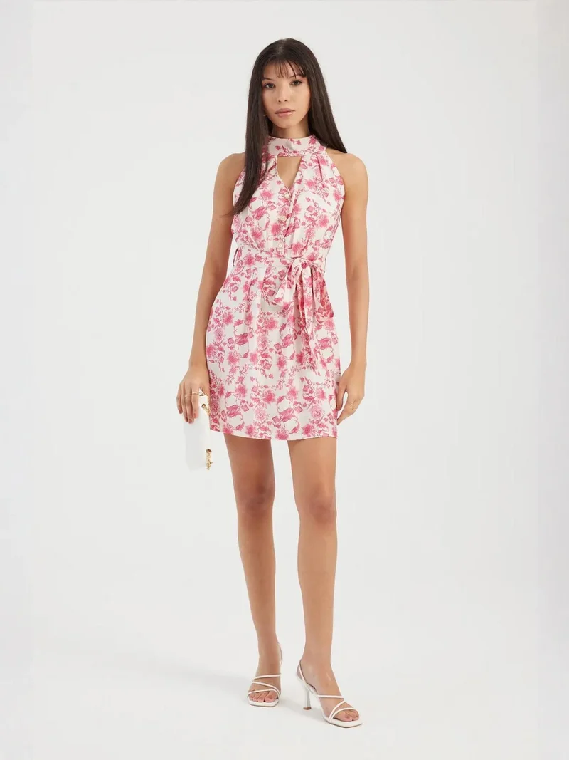 HICCUP Floral Halter Neck Cut Out Buttoned Mini Dress with a Belt Detail