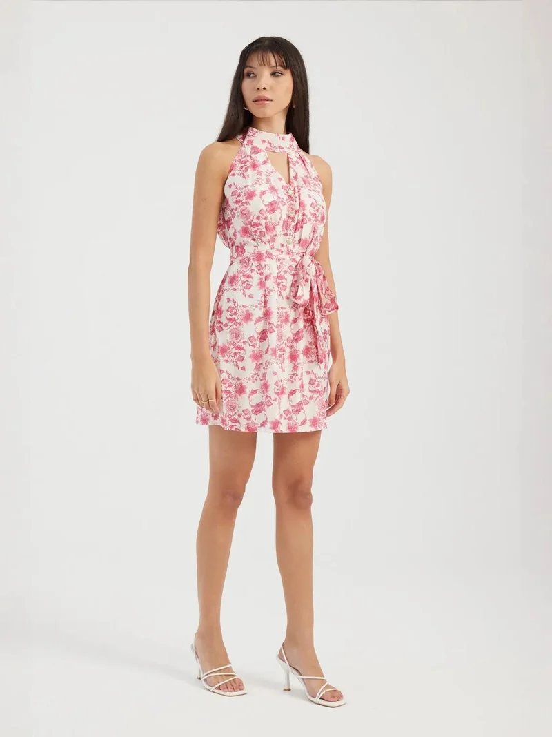 HICCUP Floral Halter Neck Cut Out Buttoned Mini Dress with a Belt Detail
