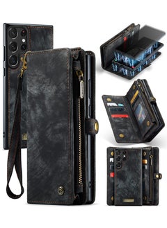 CaseMe For Samsung Galaxy S23 Ultra Wallet Case, Zipper Purse Folio Leather Wallet with Card Holder Wrist Strap, 2-in-1 Detachable Magnetic Shockproof Full Body Protective Back Cover (Black)  - Image 1
