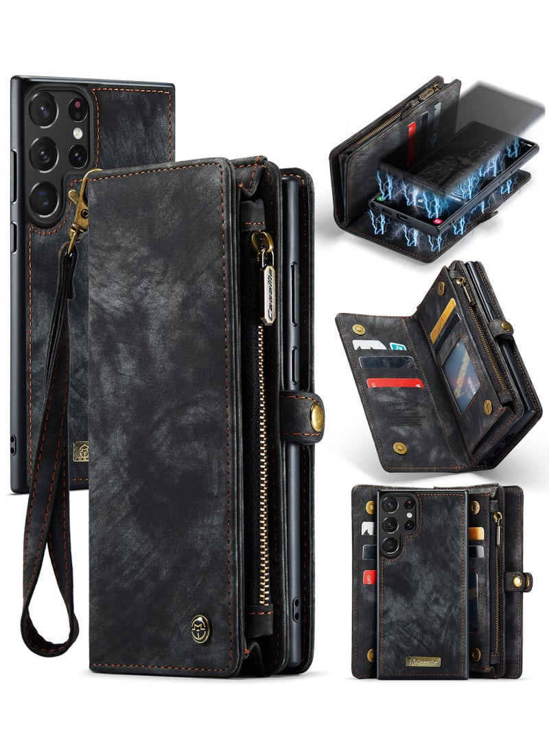 CaseMe For Samsung Galaxy S23 Ultra Wallet Case, Zipper Purse Folio Leather Wallet with Card Holder Wrist Strap, 2-in-1 Detachable Magnetic Shockproof Full Body Protective Back Cover (Black)  - Image 1